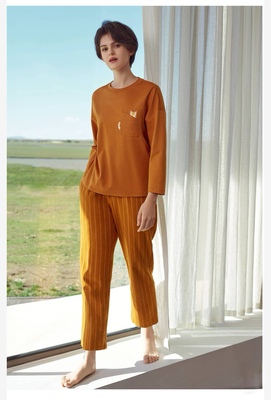 特惠伊维斯女舒适柔软全棉条纹圆领长袖裤套装家居服睡衣10321186