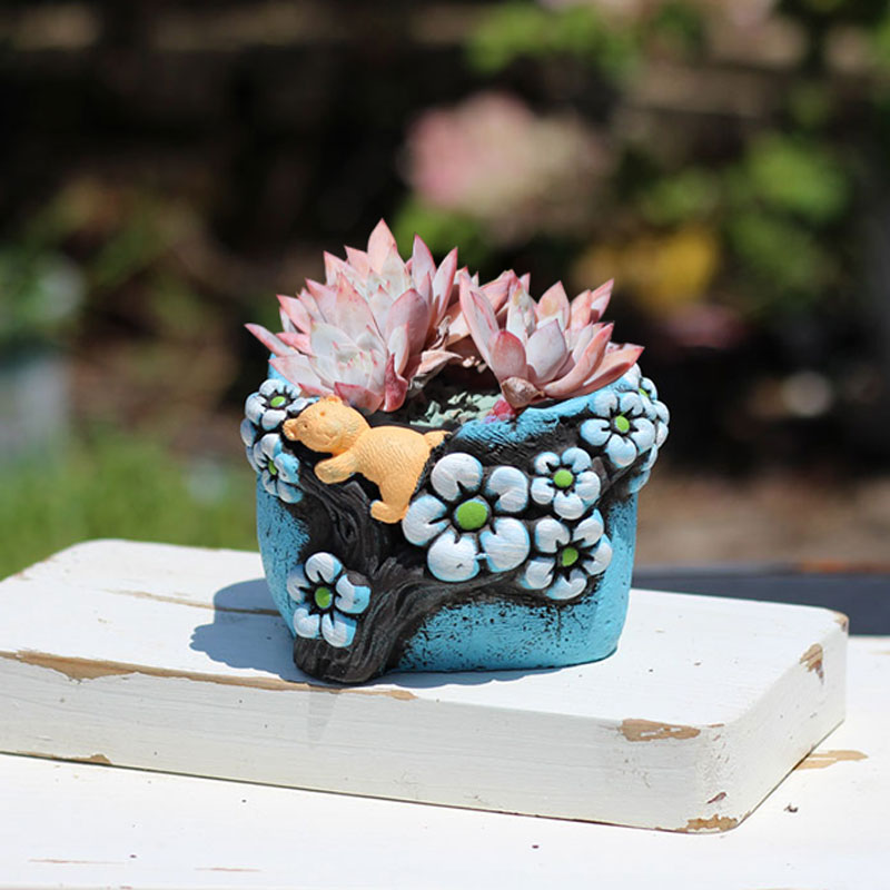 韩式卡通手绘小熊多肉花盆粗陶手工捏花复古盆透气吸水小号控养盆