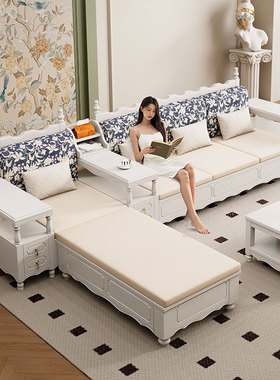 美式奶油风实木沙发白色小户型现代简约布艺沙发白色储物直排沙发