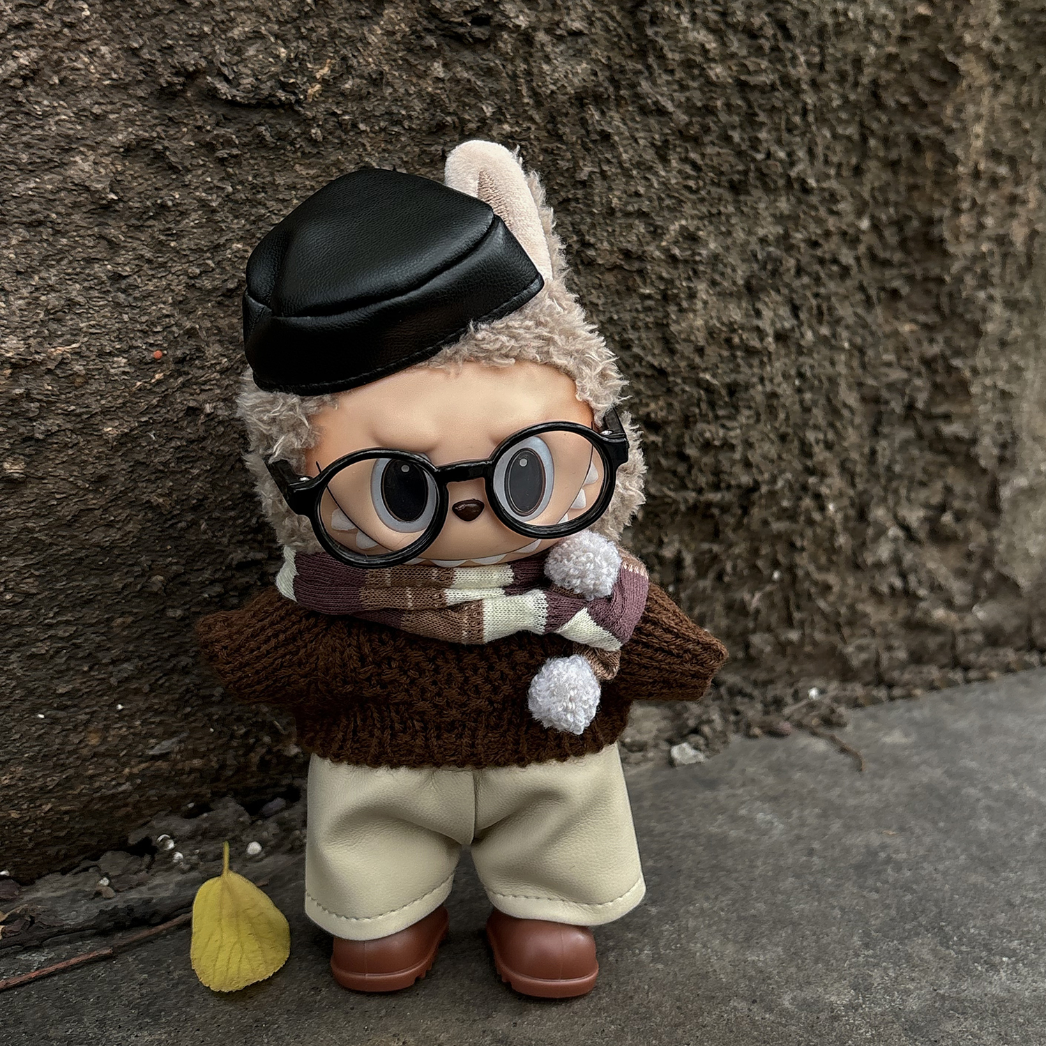 原创！拉布布一二三代通用娃衣labubu咖色韩系围巾毛衣皮裤套装