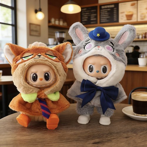 一二三代labubu新款娃衣17cm拉布布坐坐派对警官兔子狐狸斗篷披肩