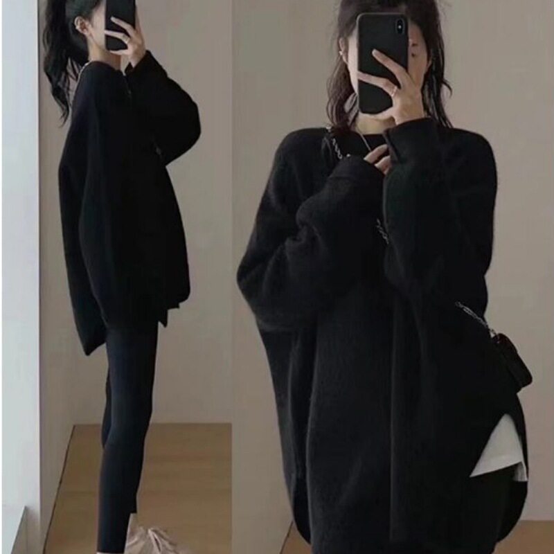 主推款套头毛衣女秋冬外穿中长款日系慵懒复古开叉针织衫冬季加厚