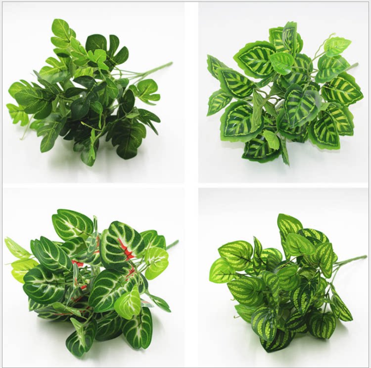 仿真植物墙绿植墙配材7头把束过胶叶子西瓜叶龟背叶