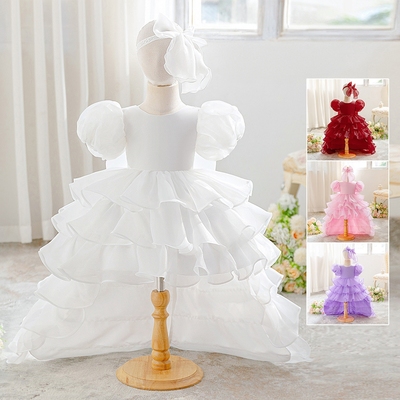 女童生日派对礼服粉色拖尾公主裙