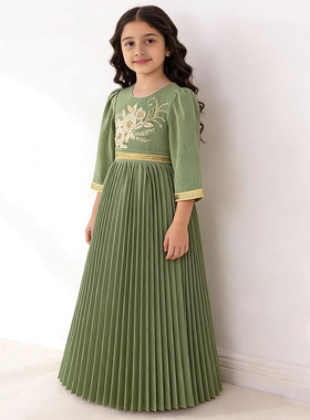 中东迪拜阿拉伯女童刺绣长袍民族风儿童礼服裙女孩绿色长袖连衣裙