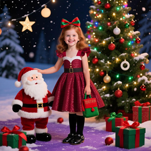 儿童生日礼服连衣裙女童红色亮片公主裙女孩节日派对cos演出服装