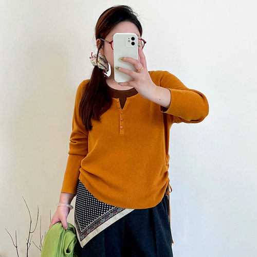 乃粒大码女装假两件上衣抽绳毛衣25冬款胖mm休闲宽松针织衫23701