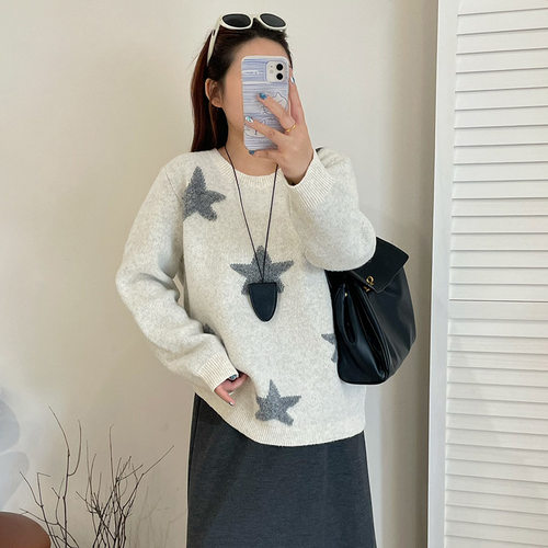 乃粒大码女装毛巾绣五角星撞色毛衣25冬胖m宽松慵懒感针织衫23536