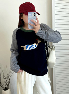 大码女装撞色插肩袖上衣女提花小狗针织衫2025秋冬胖mm毛衣23558