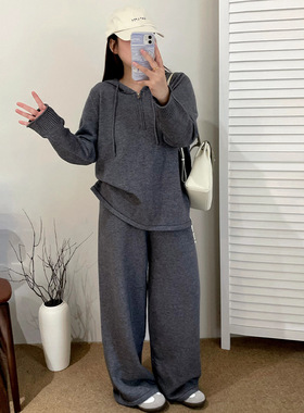 大码女装连帽卫衣女休闲裤针织套装2025冬款胖mm宽松两件套23251
