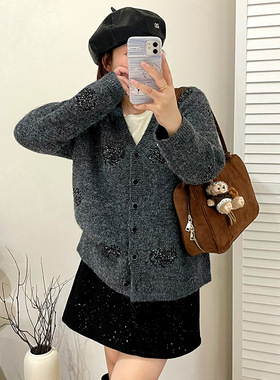 大码女装设计感亮片毛衣女宽松慵懒感外套2025冬胖mm针织衫23295