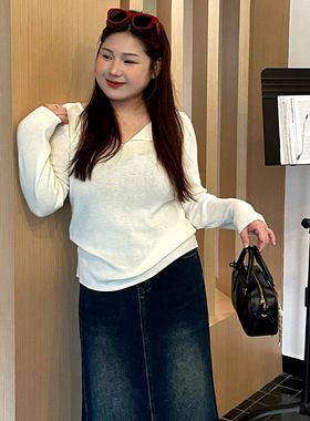 大码女装半开胸翻领上衣女打底衫2025秋胖mm基础内搭针织衫23221