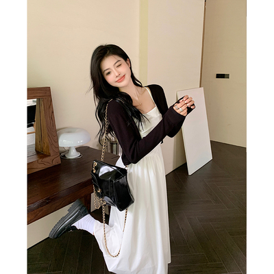 大码女装新款针织开衫+收腰显瘦吊带连衣裙套装