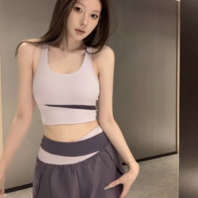 运动跑步透气女瑜伽服美背背心文胸假两件短裤健身套装夏