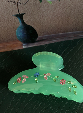 ins小清新绿色碎花半扎发抓夹中号发量少 夏日果冻盘发鲨鱼夹发抓