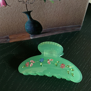 夏日果冻盘发鲨鱼夹发抓 ins小清新绿色碎花半扎发抓夹中号发量少