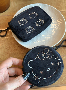 新款复古黑色丝绒零钱包小型便携 随身烫钻kt猫迷你收纳包钥匙包