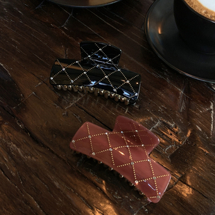 名媛 小香风菱格镶钻独特漂亮抓夹大号发量大方形鲨鱼夹 日常