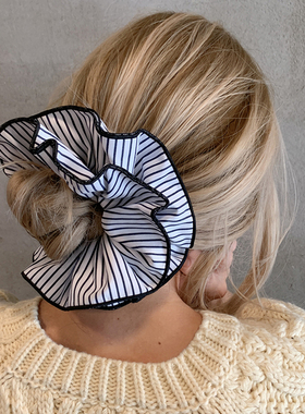 森系蓝色条纹低丸子头大肠发圈超大 温柔气质布艺马尾发绳头饰