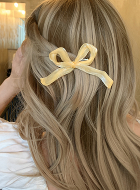 仙气光泽感 黄色珠光纱蝴蝶结夹子头饰发夹边夹侧边后脑勺鸭嘴夹