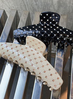 13cm超大号黑色抓夹发量多 ins高级感轻奢水钻米色盘发鲨鱼夹发抓