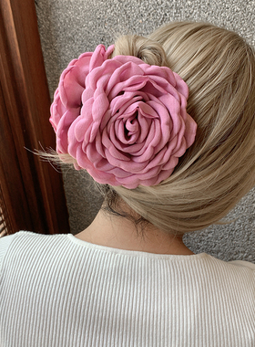 Caro同款手工制作立体玫瑰 大花朵抓夹大号 高级感盘发鲨鱼夹发饰