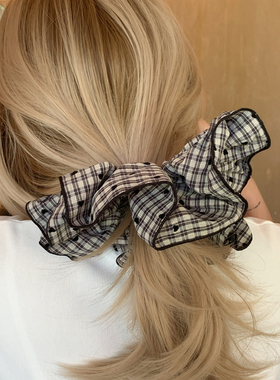 黑色小爱心 经典的黑白格大肠发圈女高级感轻奢风超大头饰发饰