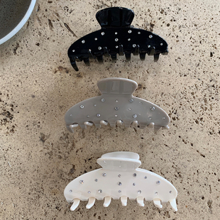 ins新款 经典 扇形抓夹大号高品质醋酸法式 灰盘发鲨鱼夹 水滴状镶钻