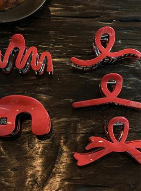 新年红色系列抓夹大号 新款波浪蝴蝶结盘发鲨鱼夹高质量醋酸金属