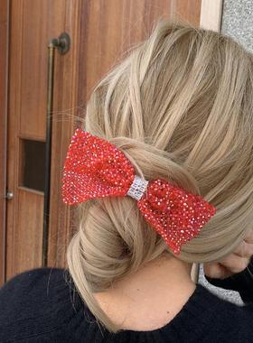 氛围感红色弹簧夹 璀璨重工水晶蝴蝶结发夹女后脑勺高级感轻奢风