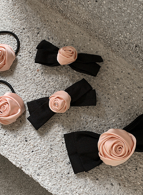 缎面质感升级 粉色玫瑰蝴蝶结发夹 优雅小香风夹子头饰扎头发发圈