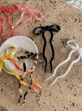 甜美蝴蝶结醋酸u型发簪 新款多色新中式丸子头盘发发钗头饰插梳