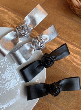 银色皮质立体玫瑰鸭嘴夹 好看的侧边发夹边夹ins蝴蝶结花朵刘海夹