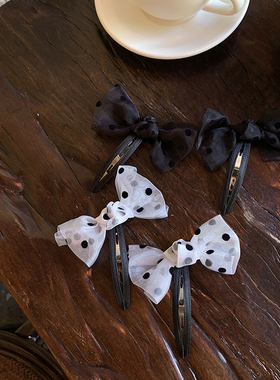 优雅黑色波点 欧根纱蝴蝶结bb夹2025新款女孩发夹一字刘海夹甜美