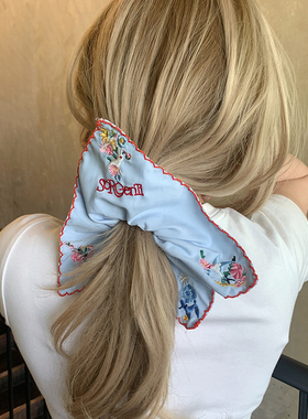 文艺森系蓝色 复古刺绣超好看的方巾发圈女高级感洋气时尚发饰