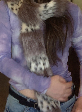 拼接豹纹灰色 甜酷辣妹围巾时尚洋气高档小众细窄软糯毛绒围脖