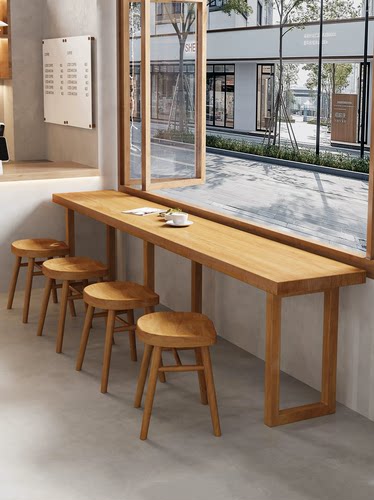 全实木 矮吧台桌 小吃店面馆桌椅组合网红餐饮店靠窗长条桌窄桌子