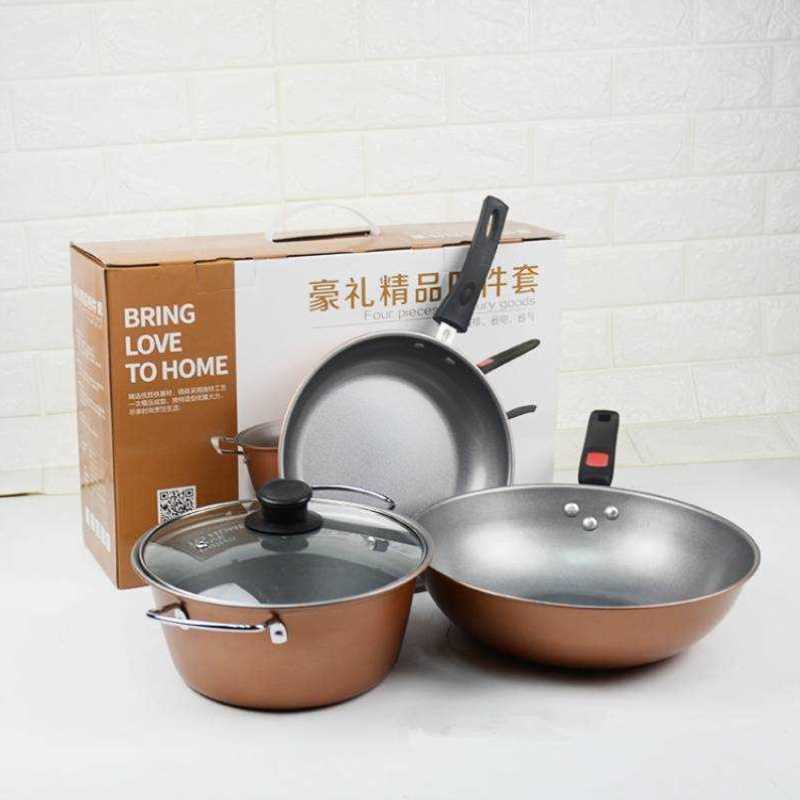 不粘锅三件套 炒锅汤锅煎锅具套装日式麦饭石炒锅家用铸铁锅组