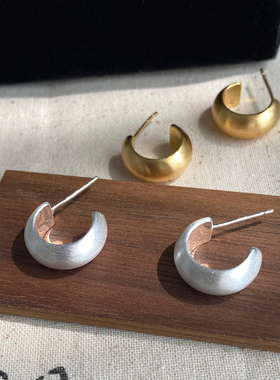 Aaim S925银针复古磨砂拉丝C型简约耳圈小众设计感女百搭半圈耳环