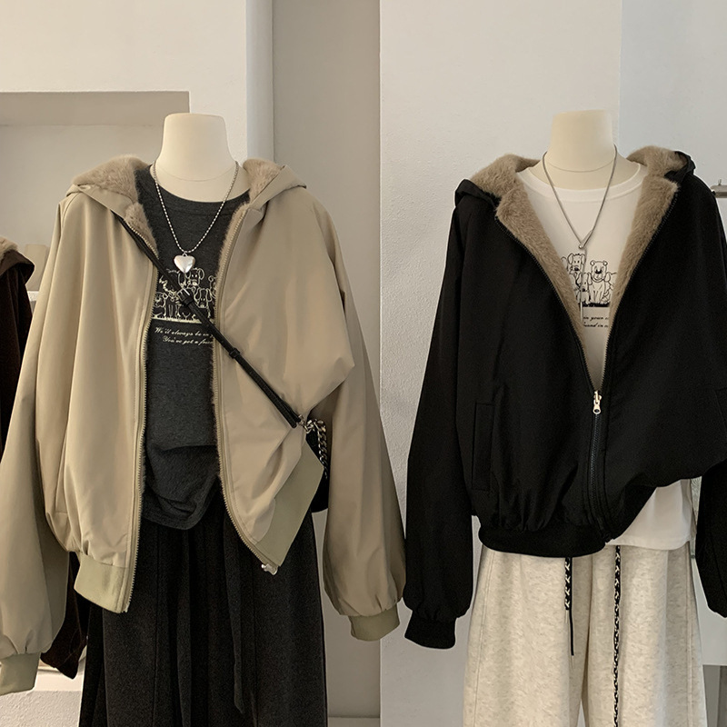 东大门欧货～两面穿连帽毛毛外套女宽松百搭时尚仿水貂毛加厚夹克