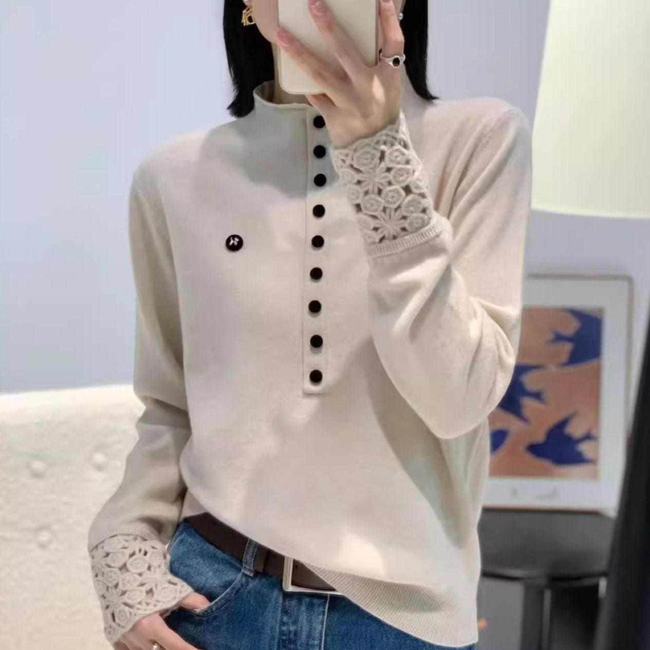 2025秋冬新款高级感半扣子勾花镂空羊毛针织衫女欧货洋气百搭毛衣,女装/女士精品,毛针织衫,淘宝优惠券,粉丝福利购,淘宝优惠卷