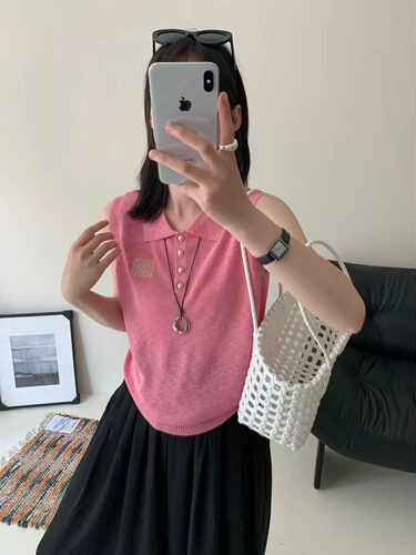 欧洲站2025夏季新款字母刺绣针织Polo衫女宽松显瘦无袖上衣T恤潮