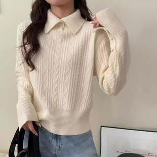 100%全羊毛翻领绞花针织衫女2025秋冬新款设计感小众加厚保暖毛衣