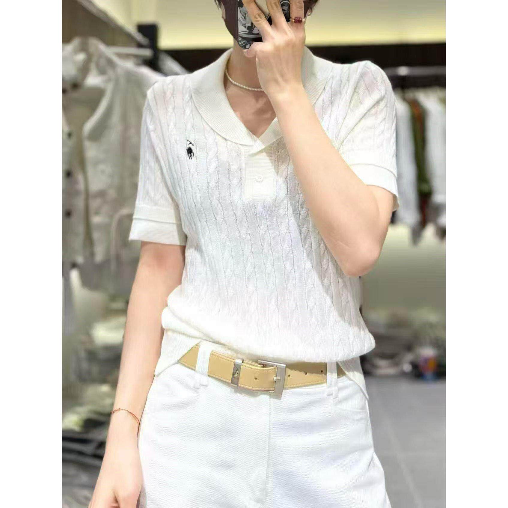 春夏新款百搭上衣欧货高级感法式polo翻领麻花桑蚕丝短袖针织衫女