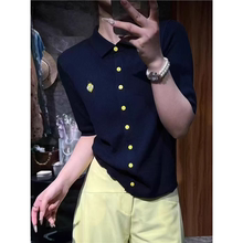 2025夏季新款短袖T恤上衣欧货polo领小蜜蜂刺绣桑蚕丝针织开衫女