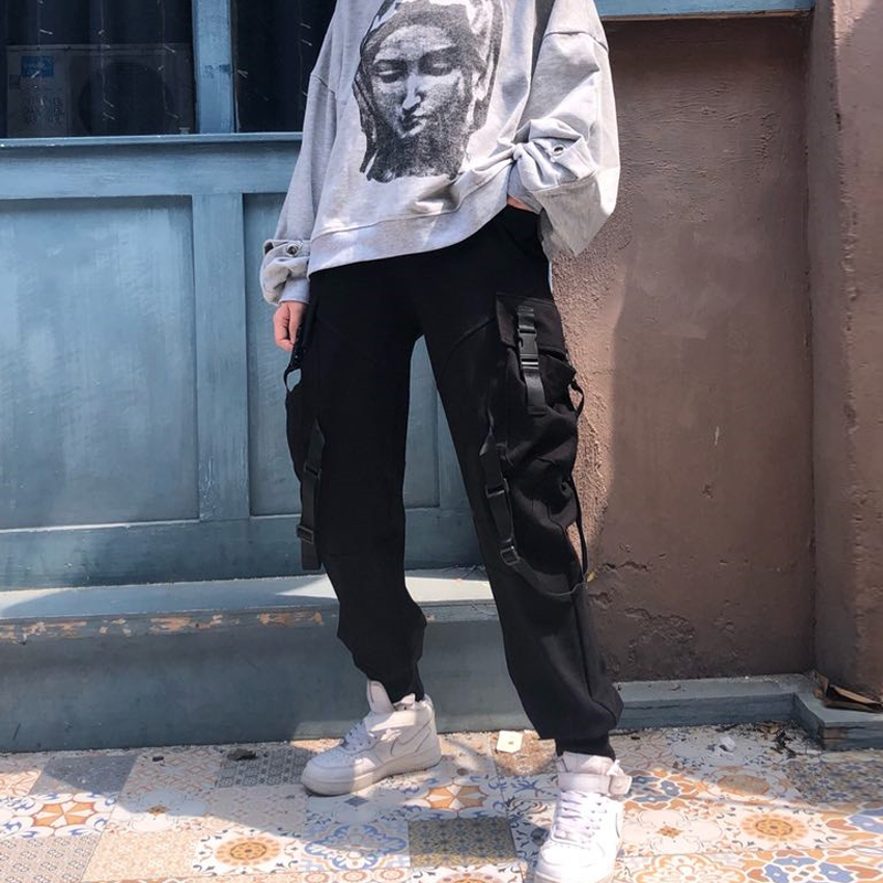 hiphop加绒工装裤女嘻哈裤宽松bf女酷冬束脚裤帅气束腿街头裤子潮