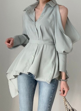 三小姐的咖啡2026韩国POLO领镂空后背系带小心机漏肩灯笼袖衬衫女