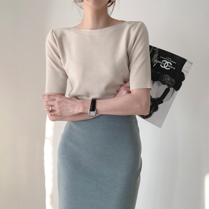 三小姐的咖啡冰丝中袖打底套头针织衫2026新款女秋薄款半袖上衣