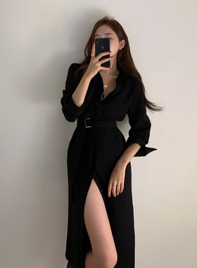 三小姐的咖啡韩国chic法式单排扣腰带设计感中长款衬衫式连衣裙女