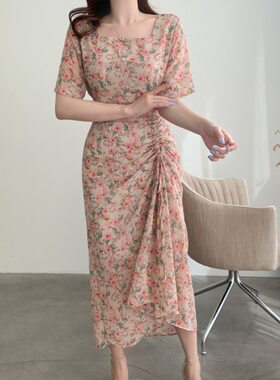 法式夏季新款方领抽绳皱褶碎花